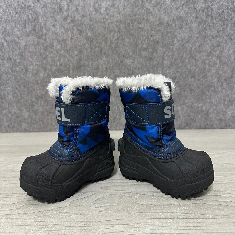 Sorel‎ Snow Commander Boots Kids Size 5 Blue Camo Faux Fur Winter Snow Boots